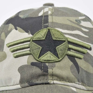 Close-up of military camouflage baseball cap featuring star embroidery and tactical stitching