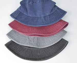 Detail of four washed cotton bucket hats in blue, red, gray and black with stitched brims