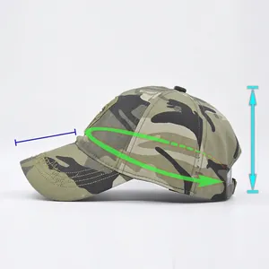 Men's camouflage baseball cap with star embroidery and adjustable sizing chart details