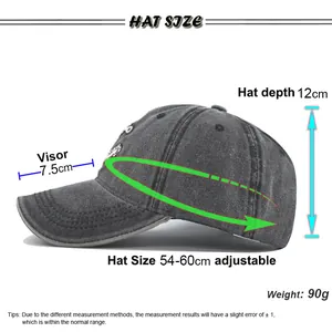 Size guide for washed cotton anchor baseball cap showing visor length and hat depth