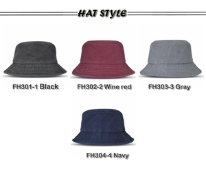 Detailed view of washed cotton bucket hats in black, burgundy, grey and navy blue