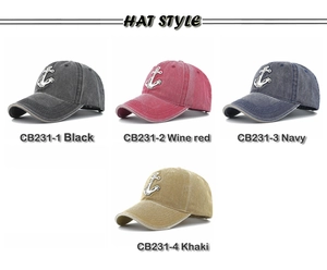 Washed vintage baseball caps in four colors featuring metallic anchor badges