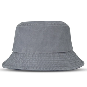 Close-up of the dark grey washed cotton fabric and multi-row stitching on the bucket hat brim