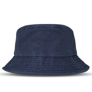 Close-up of navy blue washed cotton bucket hat showing parallel stitching on the brim