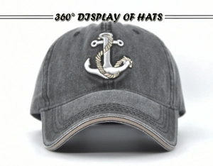 Detailed close-up of anchor and rope embroidery on washed grey cotton baseball cap