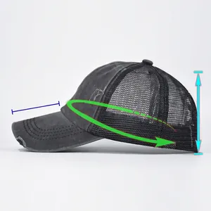 Distressed ponytail baseball cap with mesh back and adjustable size chart details