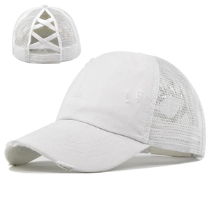 Close-up of distressed white ponytail cap featuring elastic criss-cross back and mesh panel