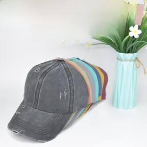 Distressed cotton baseball caps with ponytail hole in multiple vintage colors