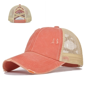 Distressed ponytail baseball cap in coral orange and mesh with elastic criss-cross back