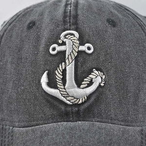 Vintage washed charcoal baseball cap featuring detailed silver anchor embroidery