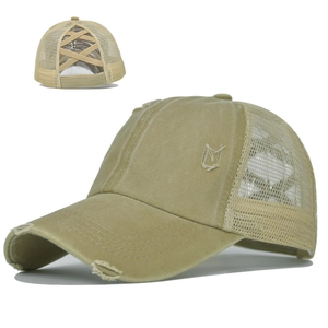 Detail of washed canvas ponytail cap showing the elastic cross back opening and khaki mesh