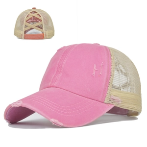 Detail of distressed pink ponytail baseball cap with criss-cross elastic back bands
