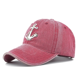 Vintage red washed cotton baseball cap with embroidered anchor and rope nautical design