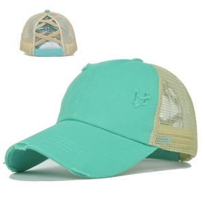Detail of mint green washed mesh ponytail cap with elastic criss-cross back design