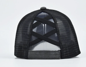 Close-up of black mesh baseball cap featuring functional elastic criss-cross ponytail back
