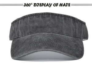 Detail view of washed cotton fabric and stitching on a dark grey sun visor hat