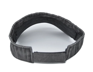 Detail view of the adjustable velcro strap on washed denim sun visor hat for a custom fit