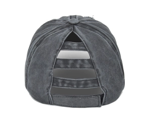 Adjustable dark grey washed cotton ponytail baseball cap for women with high bun cutouts