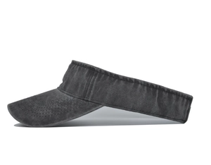 Detail shot of washed dark grey canvas visor with reinforced stitching and vintage texture