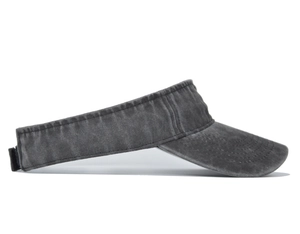 Detail of washed grey denim sun visor hat with reinforced stitching and adjustable strap