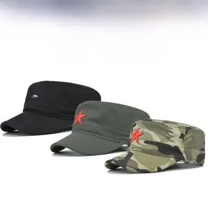 Three military flat top caps in black, green and camo with red star embroidery detail