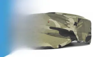 Close-up of the red five-pointed star embroidery on the camouflage flat top military cap