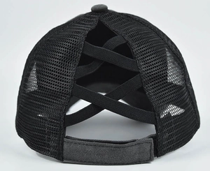 Detail of breathable mesh cap with criss-cross elastic bands for high ponytail styles