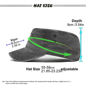 Detailed size chart for cadet cap with adjustable 55-59cm circumference and 6.5cm visor