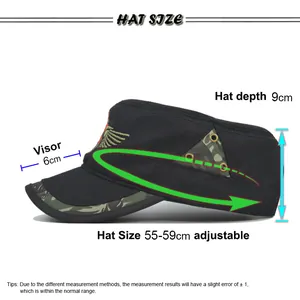 Detailed size chart for military flat top cap showing adjustable 55-59cm circumference
