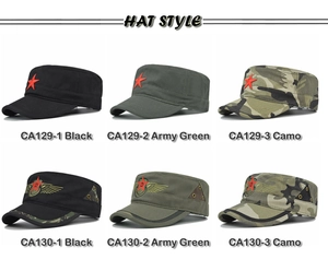 Detailed grid of camouflage and solid military flat top caps with red star emblems