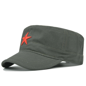 Detail of army green flat top hat with red star embroidery and cotton canvas texture