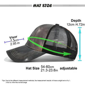 Detaillierte Größentabelle mit 7,5cm Schirm und verstellbarem 54-60cm Umfang