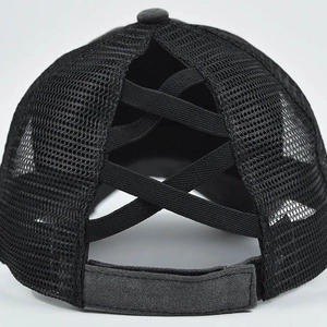Black mesh ponytail baseball cap featuring criss-cross elastic bands and adjustable strap