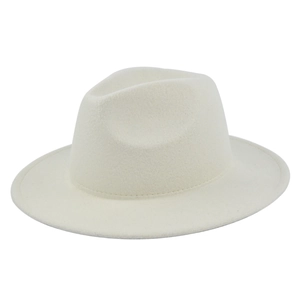 Detail of a cream wide brim wool fedora hat showing crown stitching and felt texture