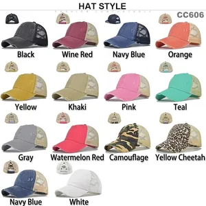 Distressed washed baseball caps with ponytail hole design in multiple color options
