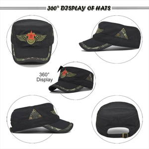 360-degree view of black military flat top hat with camouflage trim and red star embroidery