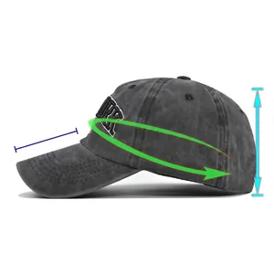 Washed cotton baseball cap with New York embroidery showing size chart and adjustable fit