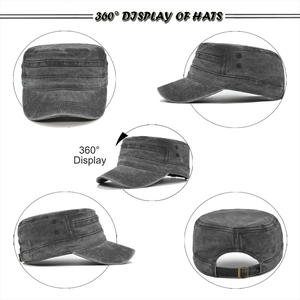 Adjustable dark grey washed cotton flat top military cap with 360-degree product views