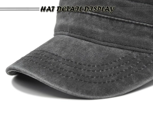Close-up of vintage washed cotton cadet cap with reinforced multi-row brim stitching