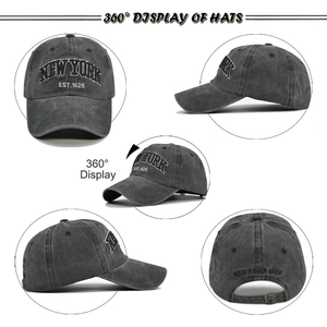 Multi-angle views of a vintage grey washed cotton baseball cap with New York embroidery