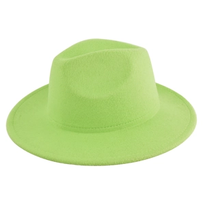 Classic wide brim neon green wool felt fedora hat with elegant gold chain decoration