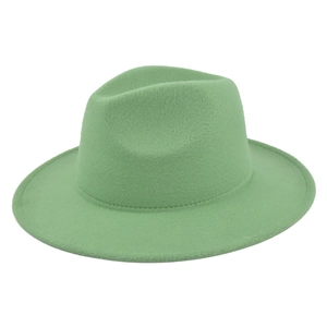 Macro shot of light green fedora hat showing textured wool felt and wide brim stitching