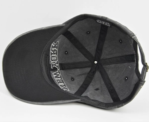 Internal view of New York cotton baseball cap showing reinforced seams and cotton label
