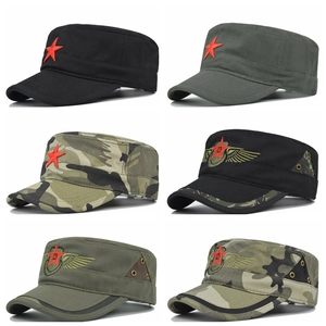Flat top cadet cap with camouflage patterns and red star embroidery for sun protection