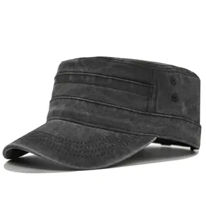 Men Washed Cotton Flat Top Military Cap Vintage Cadet Hat Distressed Sunshade Adjustable Outdoor Leisure Cap