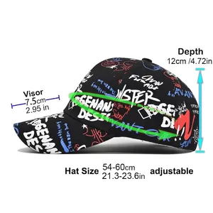Casquette de baseball graffiti noire avec sangle réglable et guide des tailles complet