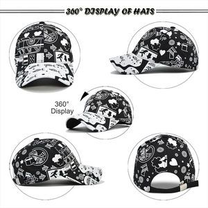 Vue à 360 degrés de la casquette de baseball à imprimé graffiti et motifs street style noirs