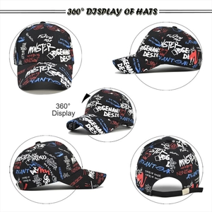Vues détaillées à 360 degrés d'une casquette de baseball noire avec imprimés graffiti