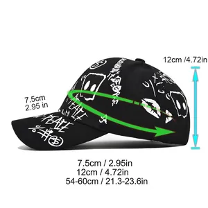 Graffiti print baseball cap size guide with measurements for brim, depth and circumference