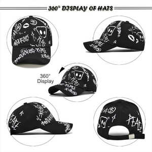 360-degree display of black cotton baseball cap with white street graffiti prints